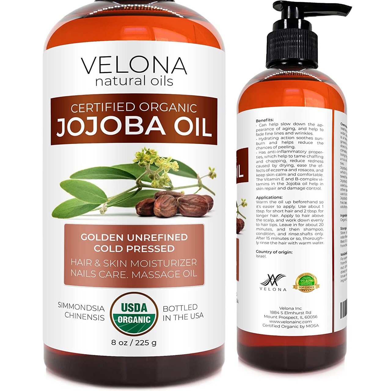 Velona Jojoba Oil USDA Certified Organic - 8 oz | 100% Pure and Natural Carrier Oil| Golden, Unrefined, Cold Pressed, Hexane Free | Moisturizing Face, Hair, Body, Skin Care, Stretch Marks, Cuticles | Use Today - Enjoy Results